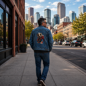 Men's Denim Jacket with Cool Honey Badger Graphic — Retro Streetwear Jean Jacket